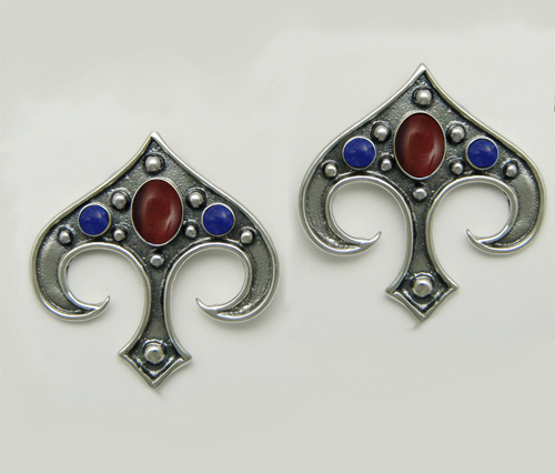 Sterling Silver Gothic Inspired Drop Dangle Earrings With Red Tiger Eye And Lapis Lazuli